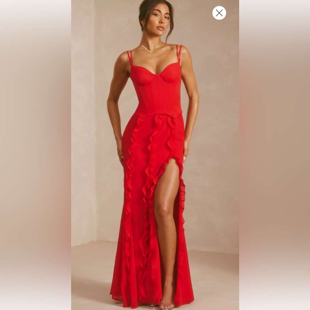 Oh Polly PERRINE
Corset Frill Skirt Maxi Dress in Scarlet Red
